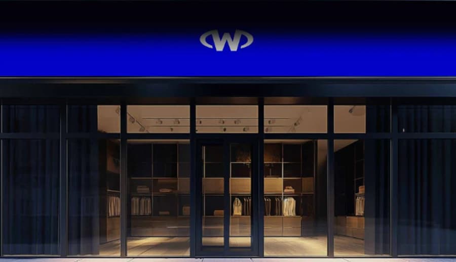 Fachada de AWCA de noche, con el letrero iluminado